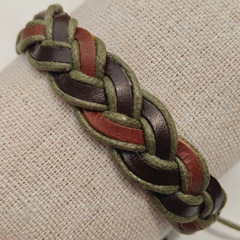 Mens Braided Faux Leather Cord Bracelet Olive Green Brown Adjustable Surfer Wrap